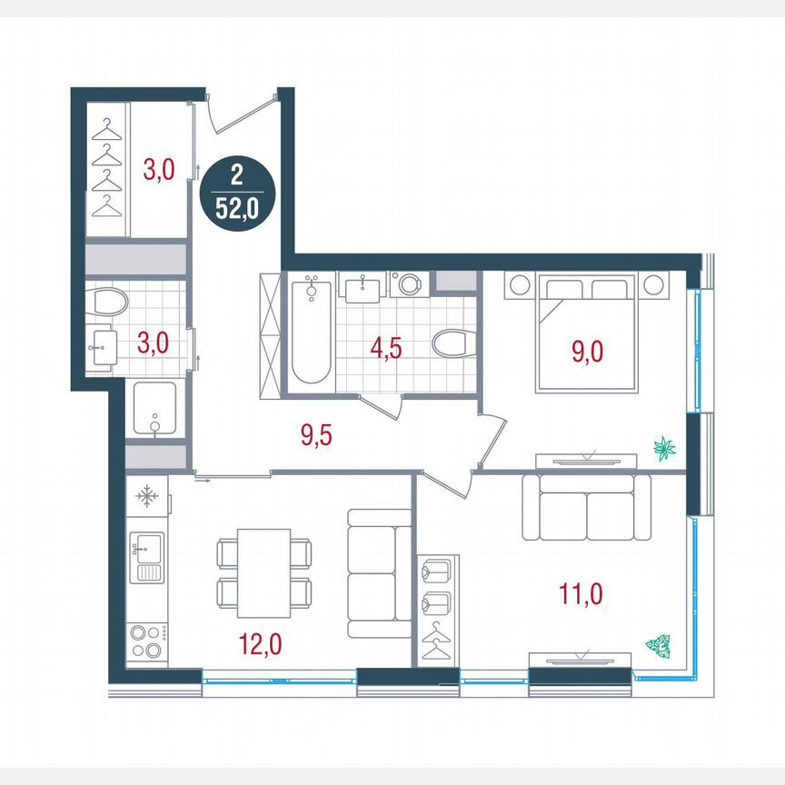 2-к. квартира, 52 м², 31/32 эт.
