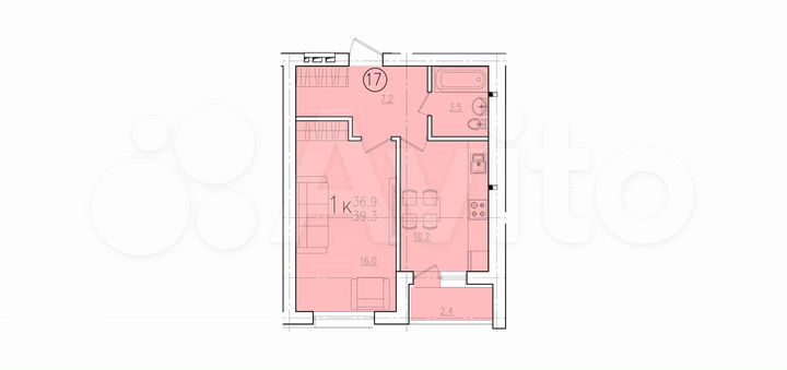 1-к. квартира, 39,3 м², 1/10 эт.