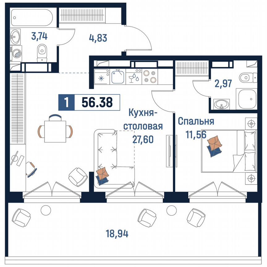 1-к. квартира, 56,4 м², 18/18 эт.