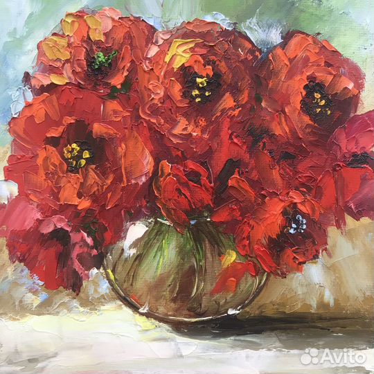 Картина маслом Маки 15/15 см