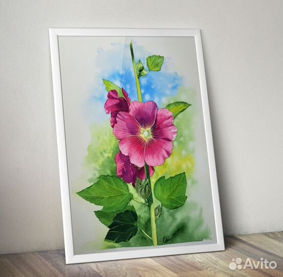Картина акварель Яркая мальва 20х30 см