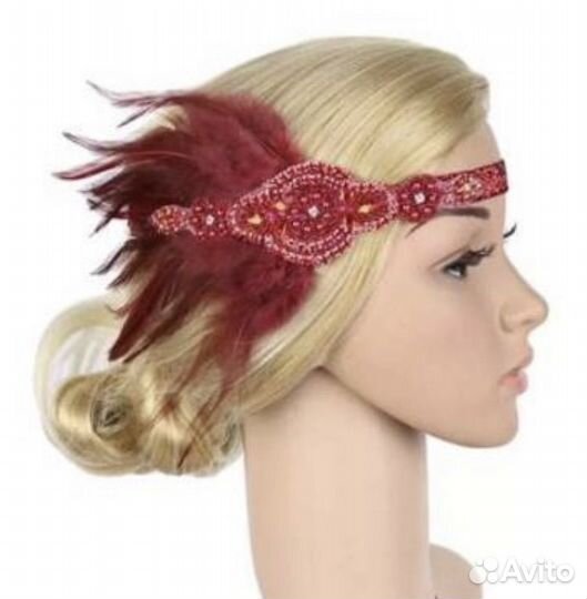 Повязка на резинке с перьями и стразами