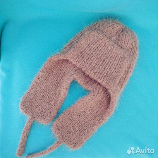 Шапка-ушанка из пряжи пух норки
