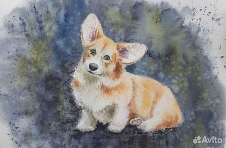 Собака акварелью Вельш Корги Пемброк