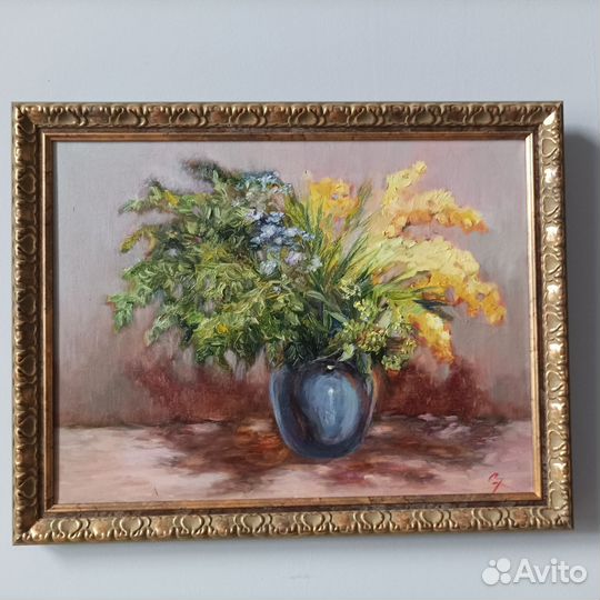 Картина маслом на холсте с мимозой