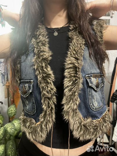 Жилетка джинсовая + меховая y2k