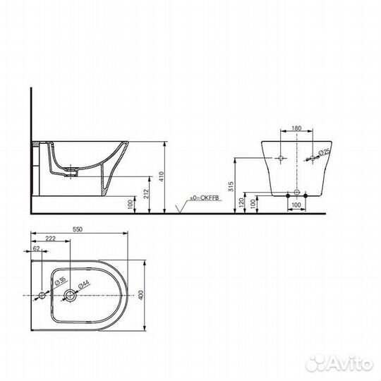 Toto MH Биде 400x550x310мм, подвесное, с 1 отв.п