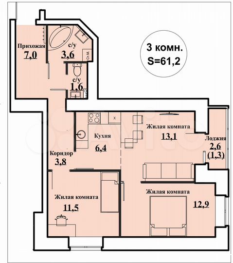 3-к. квартира, 62,3 м², 12/15 эт.