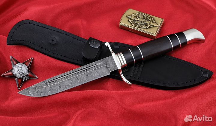 Нож финка нквд, сталь дамаск, рукоять черный граб