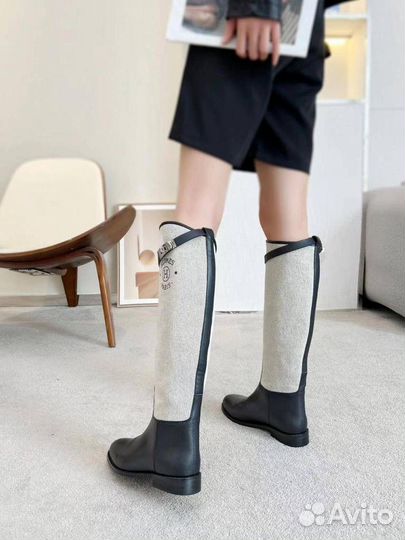 Сапоги женские Hermes холст кожа чёрные