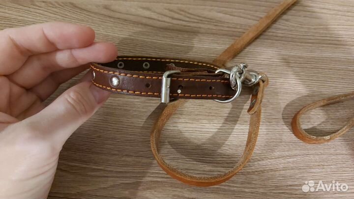 Кожаный ошейник и поводок для собак новый
