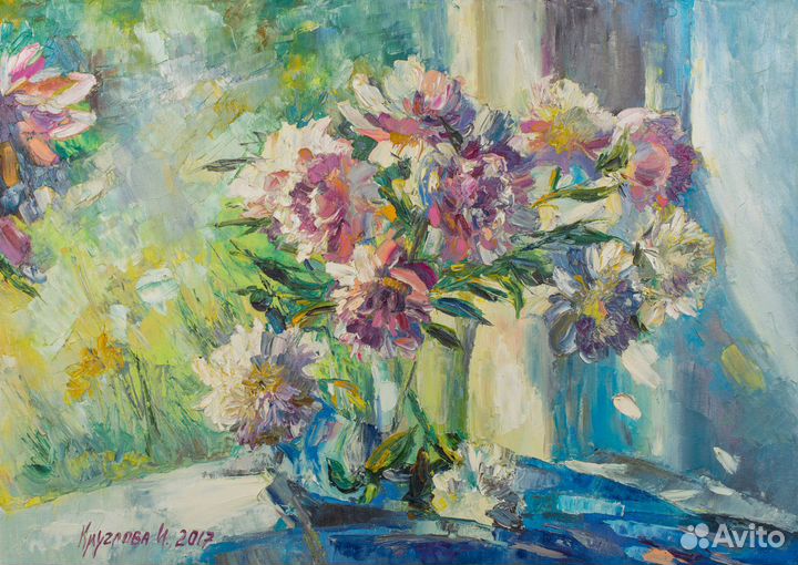 Картина маслом на холсте маки пионы подснежники