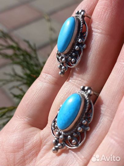 Серебряные серьги СССР, бирюза, винтаж