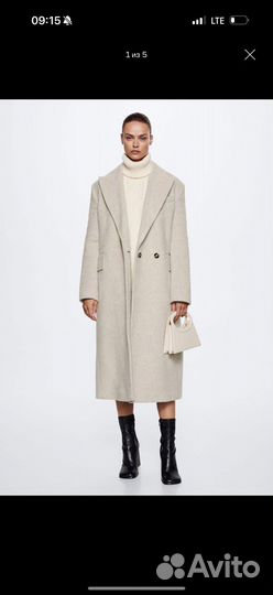 Шерстяное молочное пальто Mango