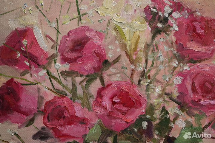 Картина маслом Цветы Букет роз на холсте 35х40см