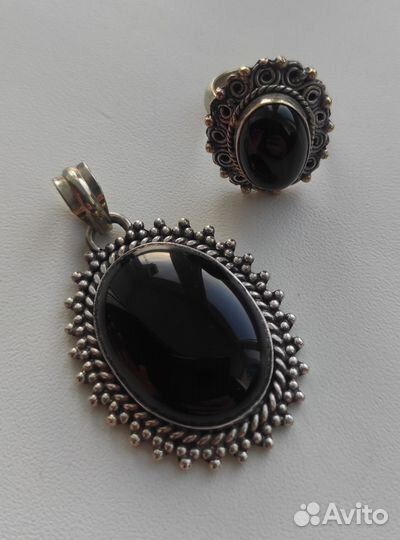 Кулон и кольцо серебро агат
