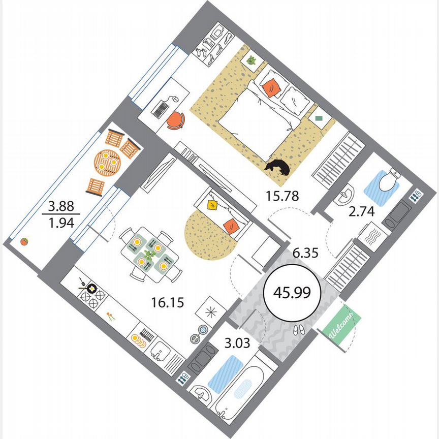 1-к. квартира, 46 м², 6/12 эт.