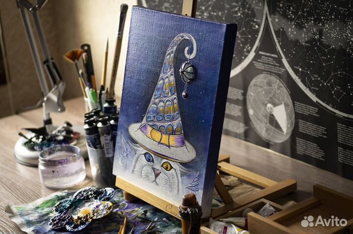 Картина кот в шляпе акрилом ручной работы 