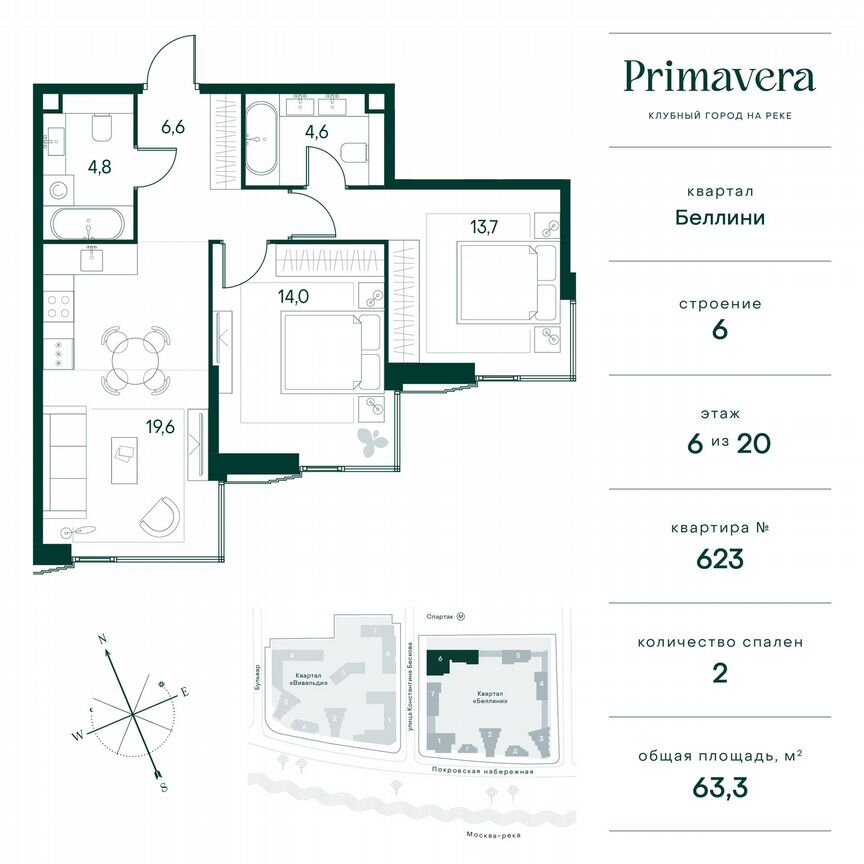 2-к. квартира, 63,3 м², 6/20 эт.