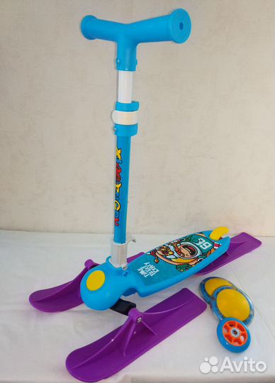 Самокат-снегокат 3-колесный(3 лыжи) розовый, синий