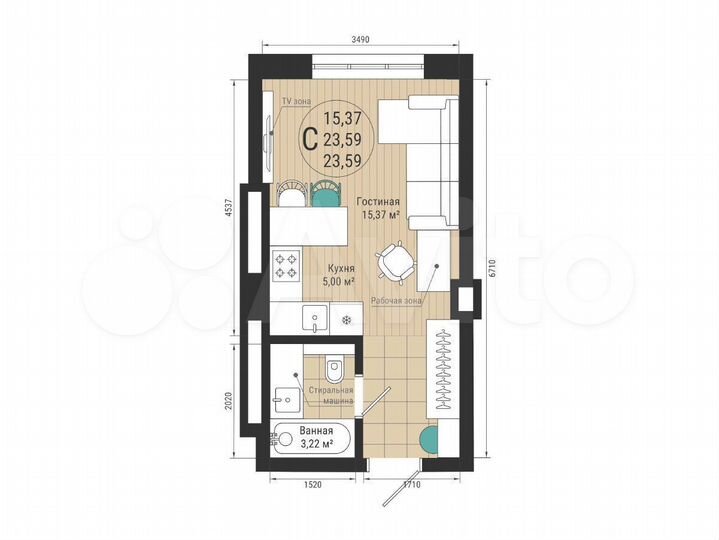 Квартира-студия, 23,6 м², 20/27 эт.