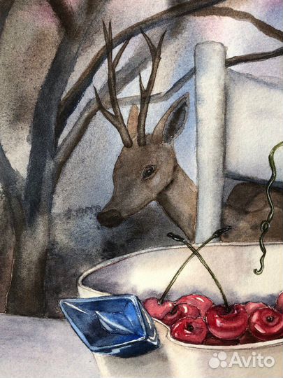 Акварельная картина Таинственнвй сад 30*40 вишни