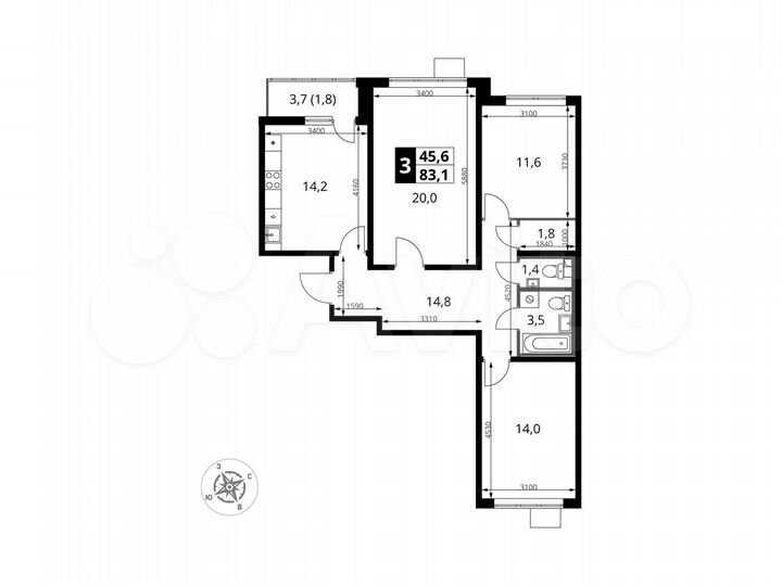 3-к. квартира, 83,1 м², 2/25 эт.