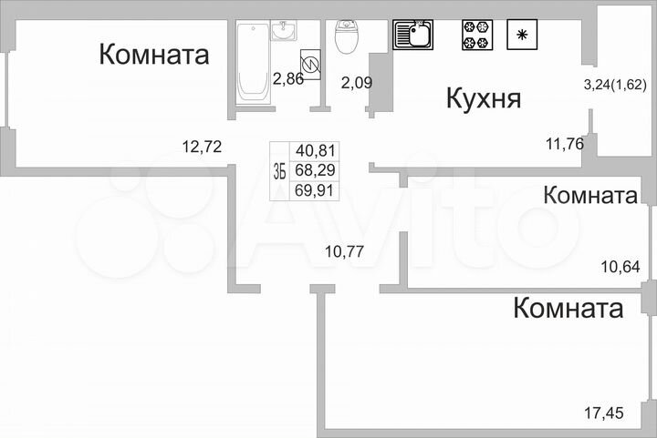 3-к. квартира, 69,5 м², 8/9 эт.