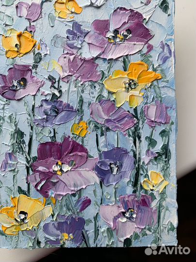 Картина маслом букет цветов тюльпаны лаванда маки