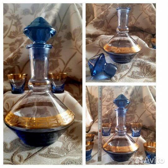 Графин со стопками, креманки, ваза цвета кобальт
