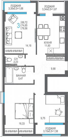 3-к. квартира, 74,7 м², 2/8 эт.