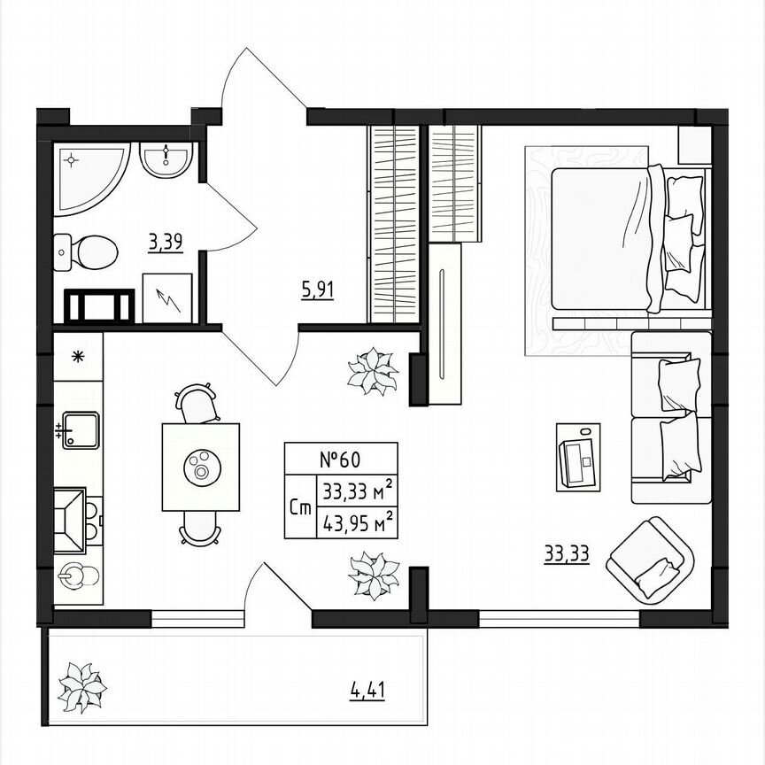 1-к. квартира, 44 м², 2/4 эт.