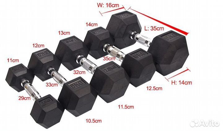 Гантели гексогональные от 300 кг обрезиненные