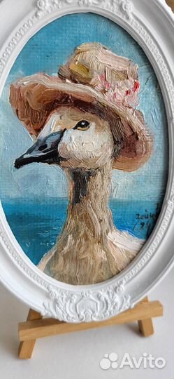 Гусыня в винтажной шляпке, картина маслом в рамке
