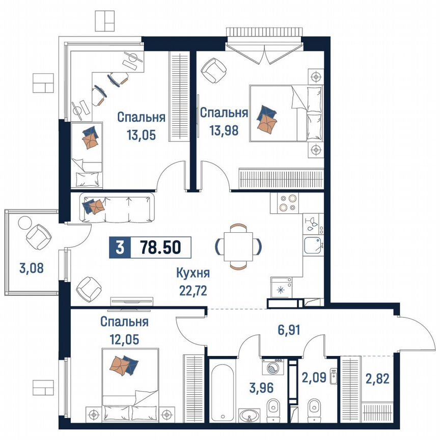 3-к. квартира, 78,5 м², 14/18 эт.