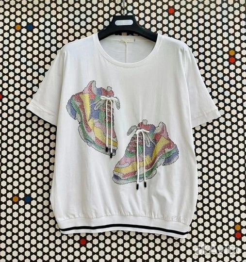 Футболка, стразы+шнурки, 6 цветов, 54 до 60 р-ры