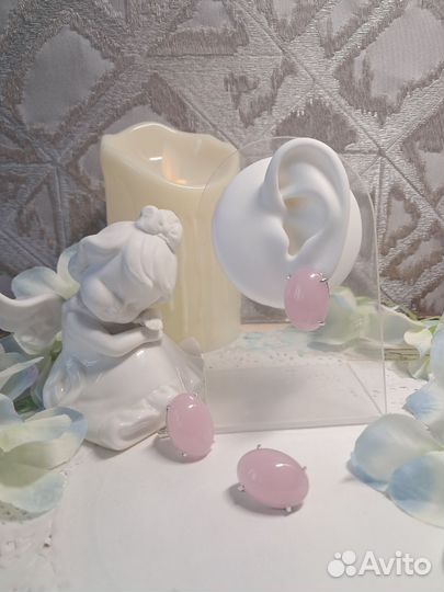 Серьги и кольцо 18 розовый кварц серебрение