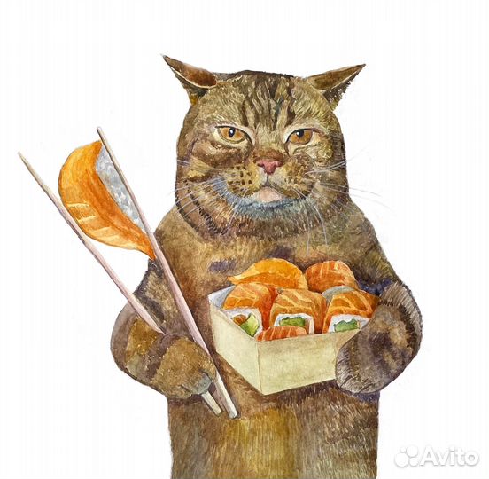 Кот с суши картина акварелью 25x25