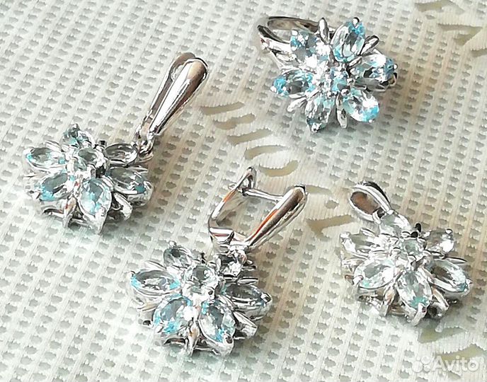 Серьги, кольцо 17,5, кулон топаз серебро С373