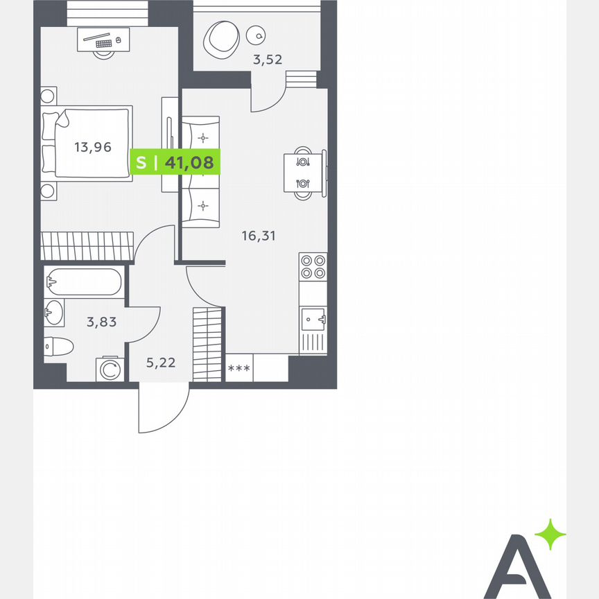 1-к. квартира, 41,1 м², 2/12 эт.