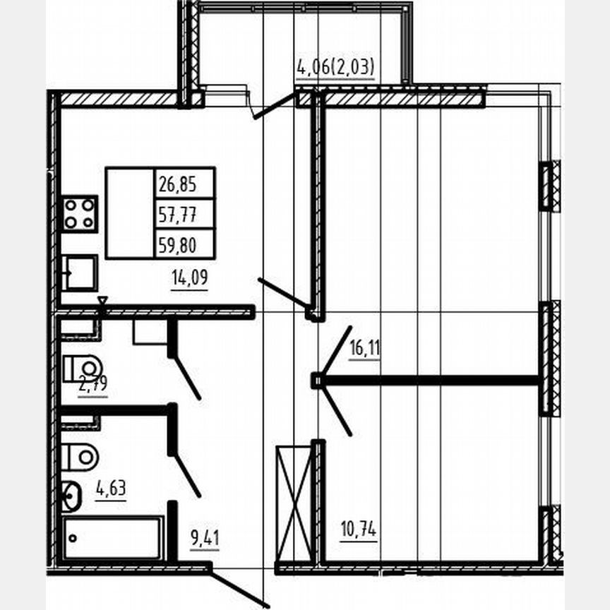 2-к. квартира, 57,8 м², 1/4 эт.