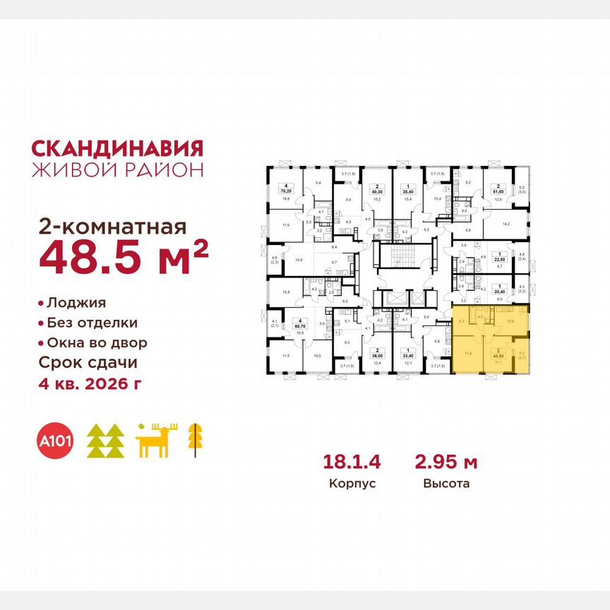 2-к. квартира, 48,5 м², 11/13 эт.