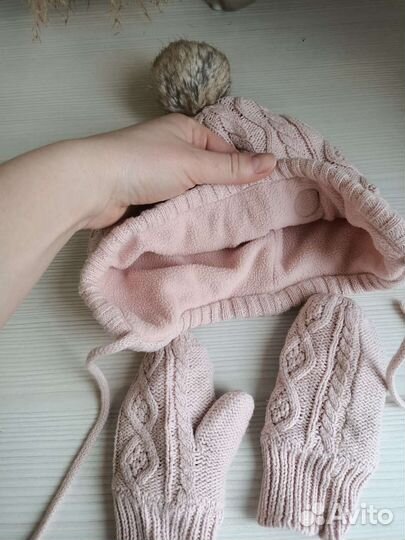 Демисезонные шапка и варежки H&M девочка 1-2 года