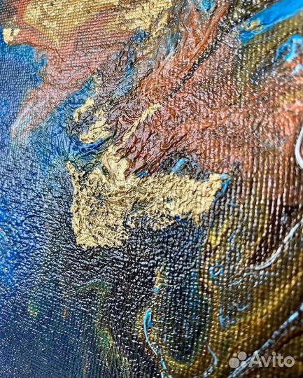 Картина Абстракция флюид арт синий золото