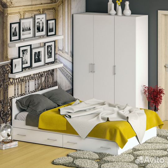 Спальный гарнитур белый № 1 Стандарт с кроватью 1400 с ящиками, цвет белый, спальное место 1400х2000