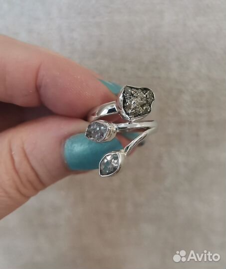 Пирит с алмазами херкимера кольцо в серебре 925