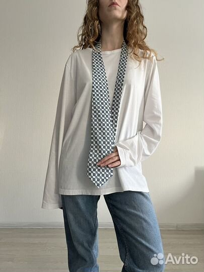 Винтажный галстук белый с синим орнаментом