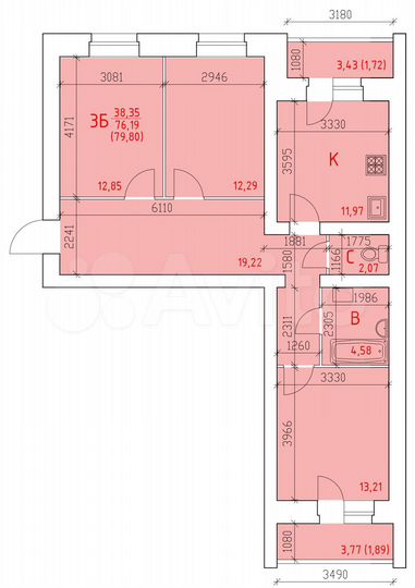3-к. квартира, 79,8 м², 3/12 эт.
