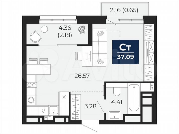 Квартира-студия, 37,1 м², 3/21 эт.