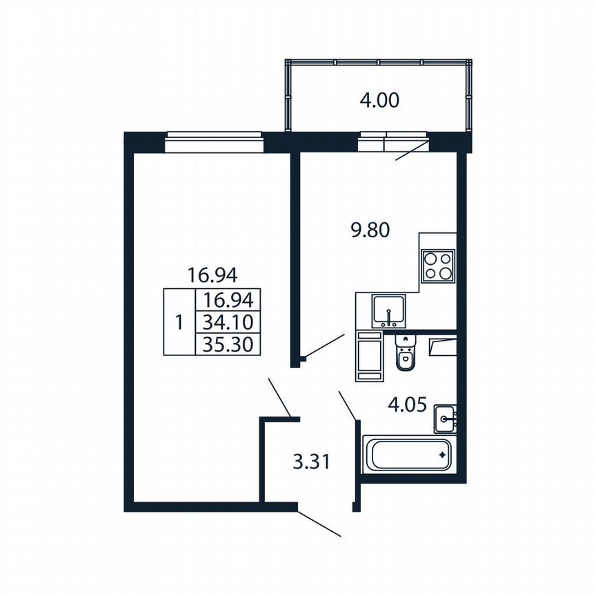 1-к. квартира, 33,4 м², 2/12 эт.